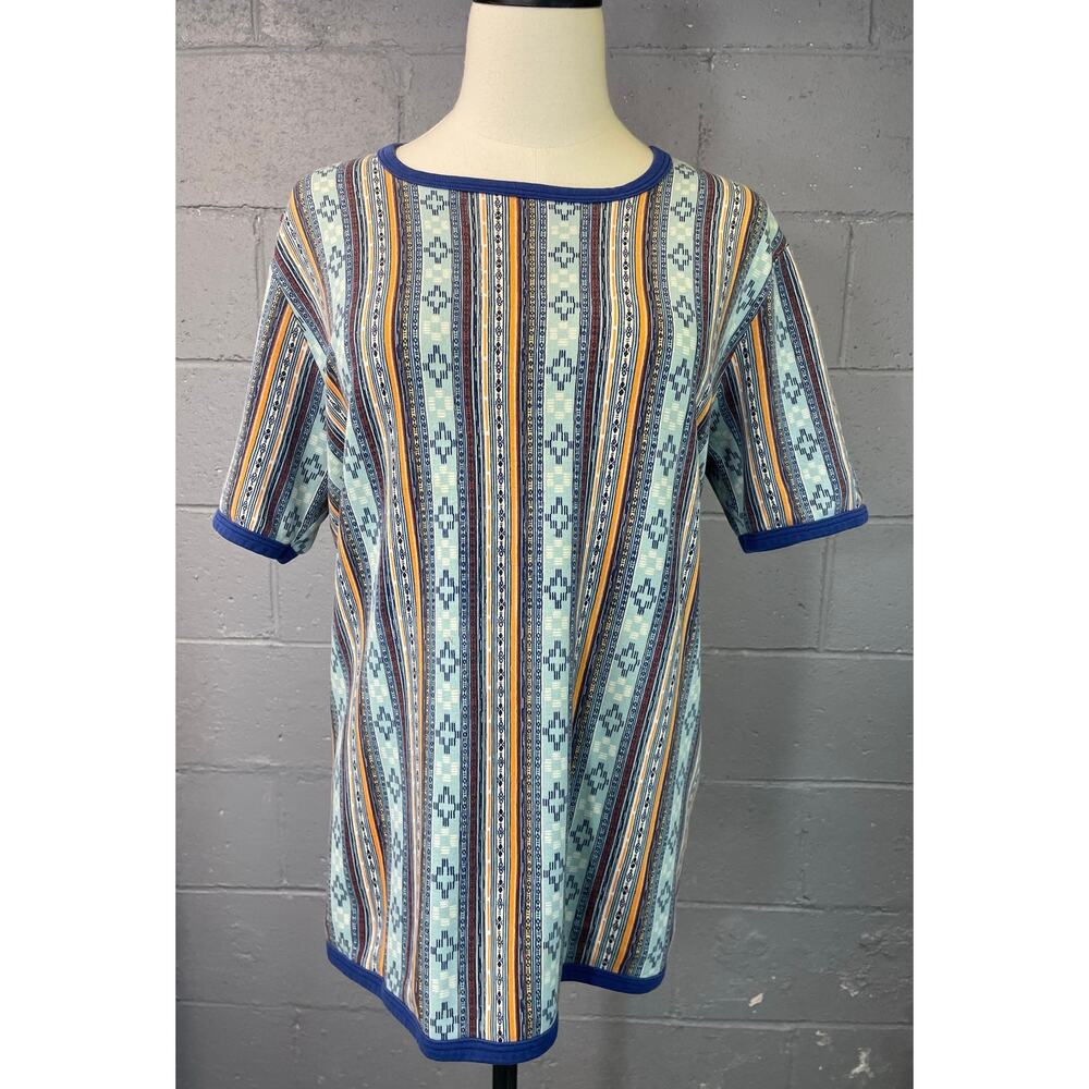 Vintage 70s Schiesser Single Stitch Geometric Print Ringer Tee Blue Brown Med
